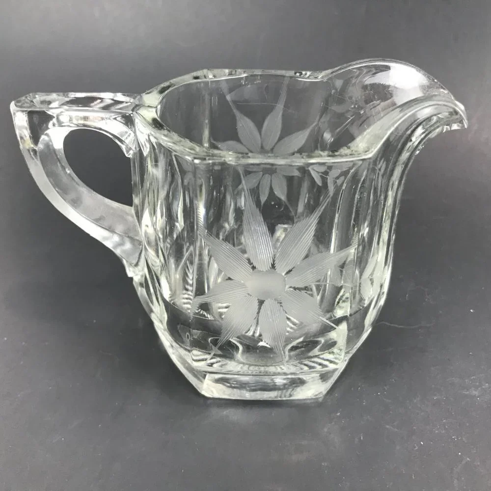 Heavy Vintage hexagonal, etched cream and sugar set